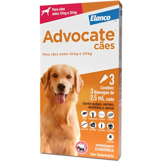 Imagem de Advocate Elanco Antipulgas para Cachorro 10 à 25kg Kit com 3