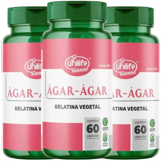 Imagem de Ágar-Ágar Gelatina Vegetal 60 cápsulas de 600mg Kit com 3