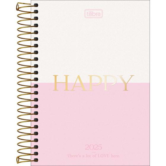 Imagem de Agenda Espiral Diária 12,9 x 18,7 cm Happy 2025 - Branco E Rosa