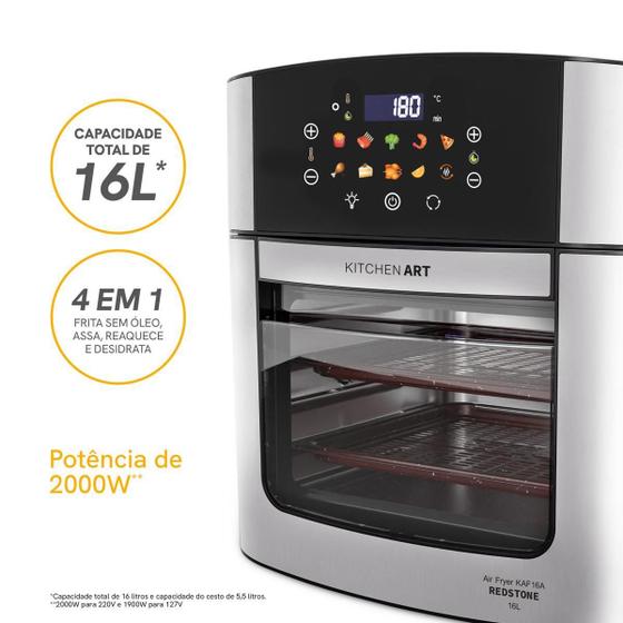 Close no painel frontal da Air Fryer com ícones de alimentos e indicação de 16 litros