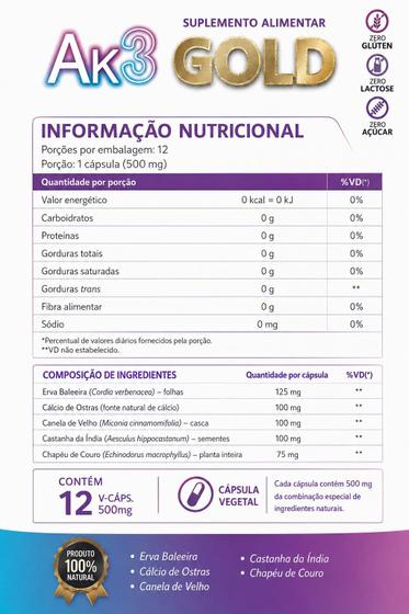 Ak3 Gold com 12 Cápsulas de 500mg Suplemento Alimentar