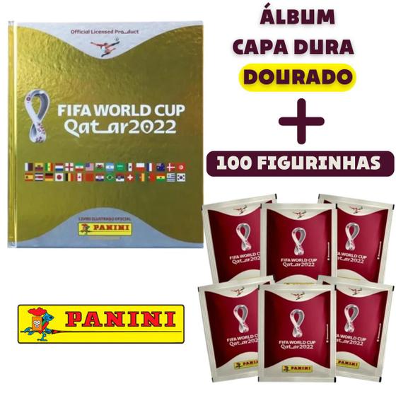 Álbum Capa Dura Dourado Copa Mundo Qatar com 100 Figurinhas Menor preço em Álbum Capa Dura Dourado Copa Mundo Qatar com 100 Figurinhas