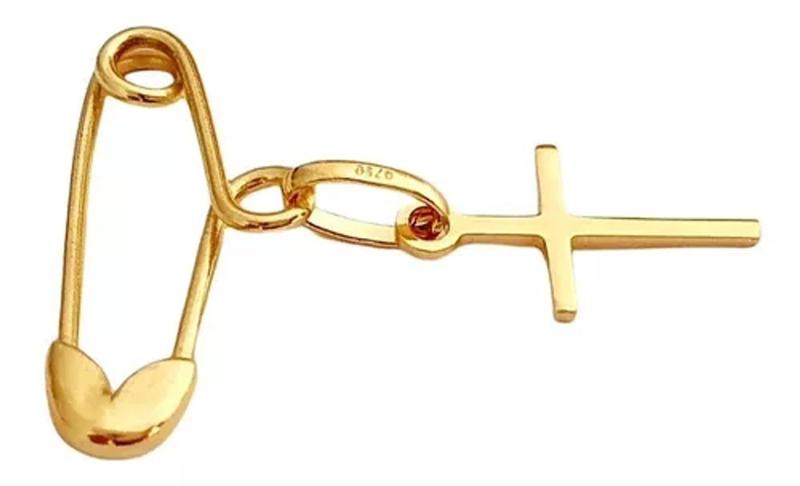 Imagem de Alfinete com voltinha e pingente cruz lisa em ouro 18k