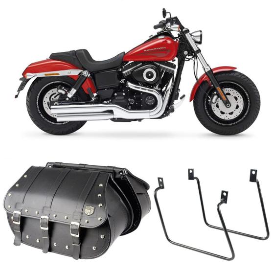 Imagem de Alforge Bolsa Mala 80 Litros Cravos + Afastador Suporte Harley Davidson Fat Bob Par