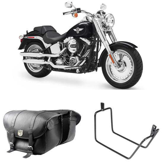 Imagem de Alforge Mala Bolsa Em Couro 48 Litros + Afastador Suporte Moto Harley Fat Boy