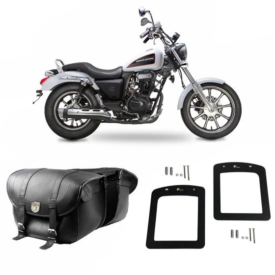 Imagem de Alforge Mala Bolsa Em Couro 48 Litros Par + Afastador Suporte Moto Dafra Horizon 150