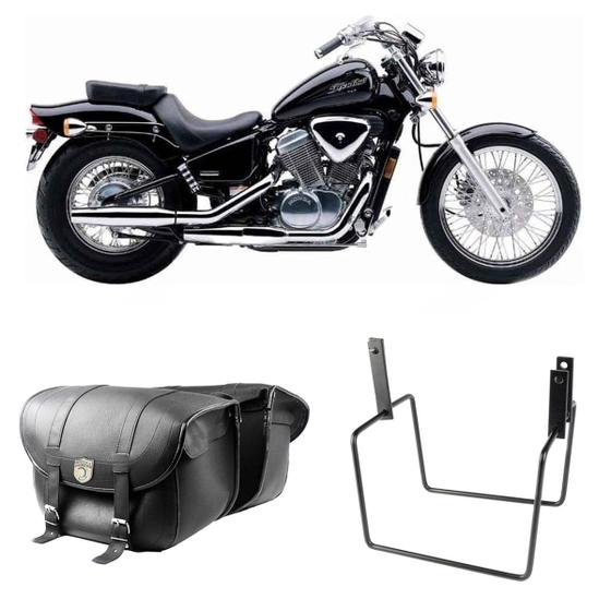 Imagem de Alforge Mala Bolsa Em Couro 48 Litros Par + Afastador Suporte Moto Honda VT 600 Shadow