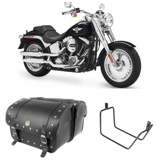 Imagem de Alforge Mala Bolsa Lateral 50 Litros Cravo + Afastador Suporte Harley Davidson Fat Boy Par