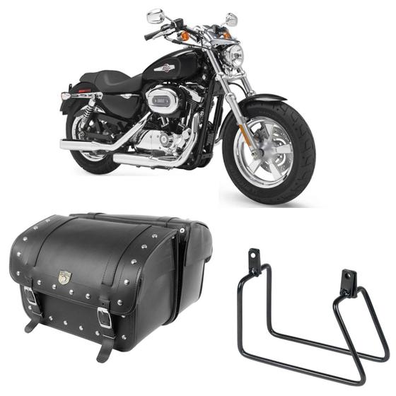 Imagem de Alforge Mala Bolsa Lateral 50 Litros Cravo + Afastador Suporte Harley Davidson XL 1200 Par