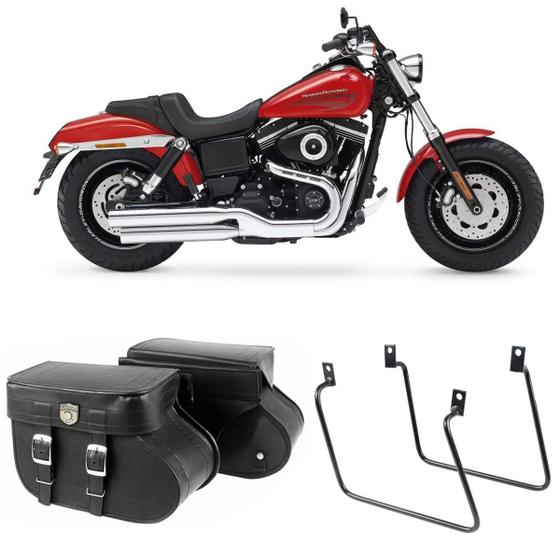 Imagem de Alforge Mala Bolsa Lateral Botinha 36 Litros Par + Afastador Suporte Moto Harley Davidson Fat Bob