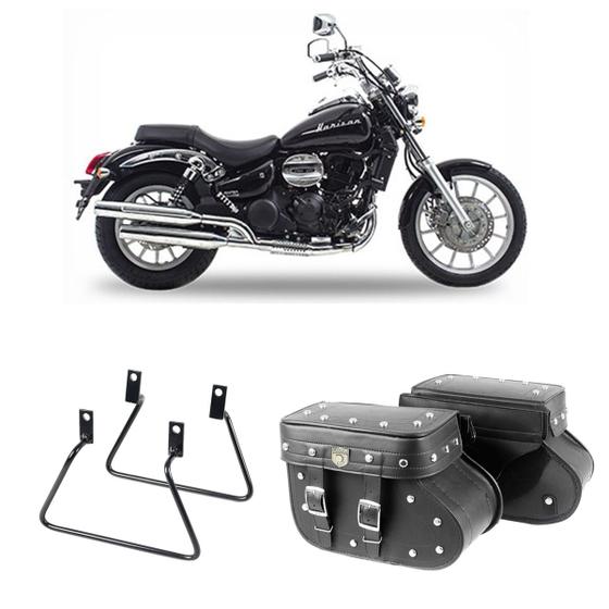 Imagem de Alforge Mala Bolsa Lateral Botinha Cravos 36 Litros Par + Afastador Suporte Moto Dafra Horizon 250