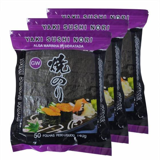 Imagem de Alga Nori P/ Sushi Temaki Yaki Nori Purple 50fls (kit Com 3)