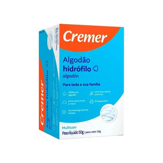 Imagem de Algodão Hidrófilo 100% Puro Extra-absorvente 50g Cremer