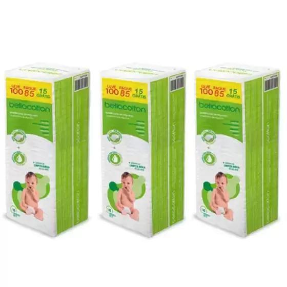 Imagem de Algodão Quadrado Pacotão Puro Bellacotton Biodegradável Kit 3 Com 100 Unidades