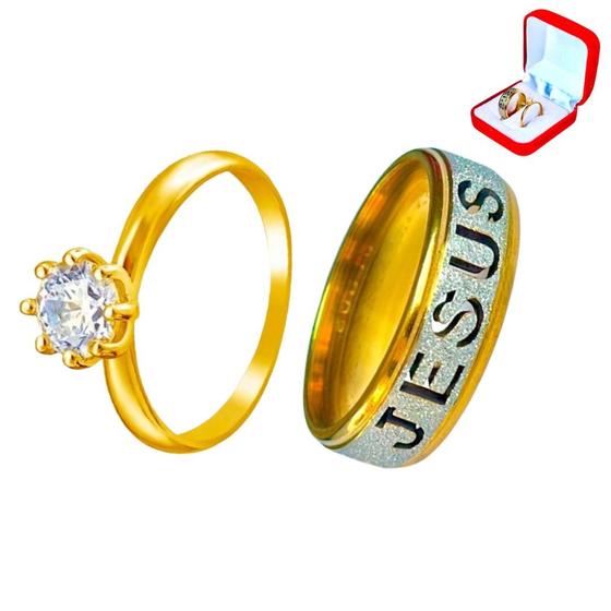 Aliança Anel Jesus Banhada Ouro 18k 6mm + Anel Solitário 2mm Ouro 18k ...