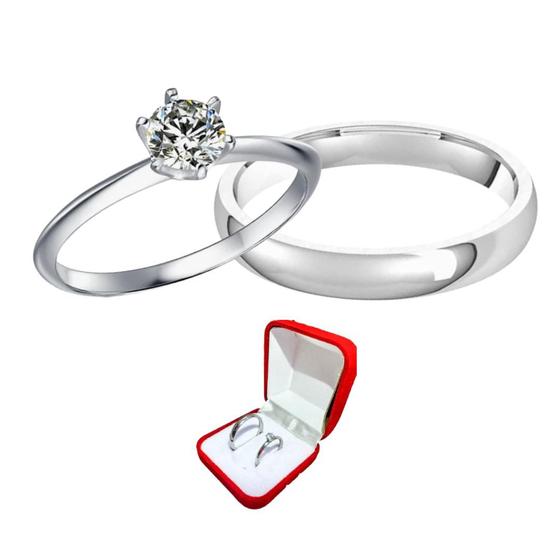 Imagem de Aliança Prata 4mm Namorados + Anel Solitário 2mm Prata Luxo Pedra Zirconia Branca