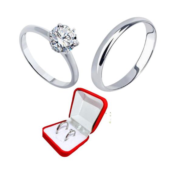 Imagem de Aliança Prata Namoro 3mm + Anel Solitário Prata 2mm Pedra Branca Zirconia Luxo