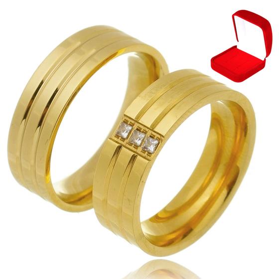Alianças Ouro Casamento Banhada 18k Anatômica Tradicional Pedra Abaulada Bodas Presente Noivado Pedido Cerimônia Resistente - Carrken