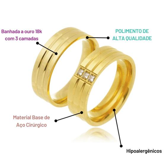 Alianças Ouro Casamento Banhada 18k Anatômica Tradicional Pedra Abaulada Bodas Presente Noivado Pedido Cerimônia Resistente - Carrken