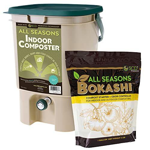 Imagem de All Seasons Kit Inicial de Composteira Interior - Recipiente de Compostagem de Bronzeado de 5 Galões para Bancada de Cozinha Com Tampa, Torneira e 1 Galão (2 lbs.) Saco de farelo Bokashi seco  por SCD Probióticos