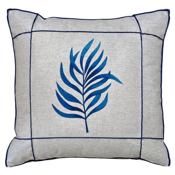 Almofada De Linho Folhagem Limão Flor Azul C/ Drapeado 45x45 - M3 Decoração Imagem de Almofada De Linho Folhagem Limão Flor Azul C/ Drapeado 45x45