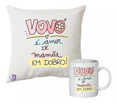 Imagem de Almofada E Caneca Personalizada Lembrancinha Vovo Qualidade Cor Branco Desenho do tecido Vovó amor em dobro