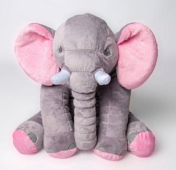Imagem de Almofada Elefante Pelúcia Elefante 60 cm  Antialérgico cinza com rosa