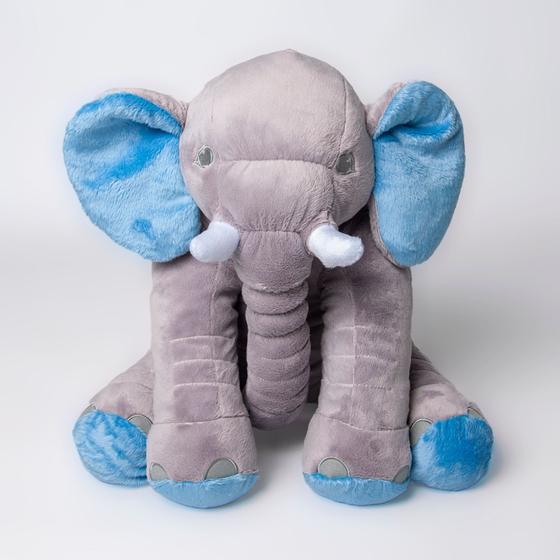 Imagem de Almofada Elefante Pelúcia Gigante 80cm Cinza Com Azul