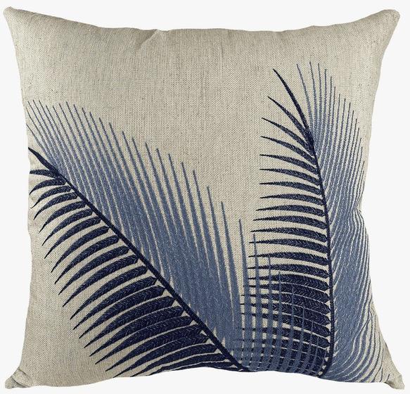 Imagem de Almofada Linho Cru Com Bordado Fino Folhas Coqueiro Azul 52x52cm