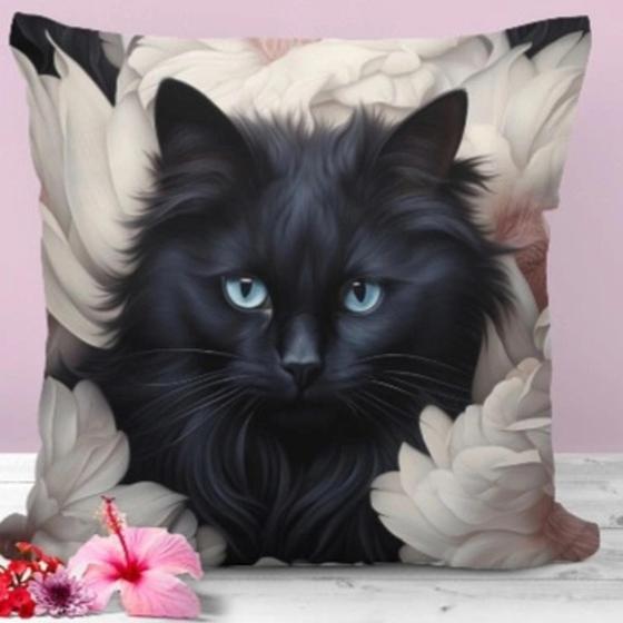 Imagem de Almofada personalizada Gato preto com flores30x30cm