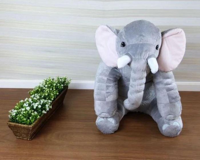 Imagem de Almofada Travesseiro Elefante News Bebê Dormir Pelúcia Rosa com Cinza 64cm - Happy Baby