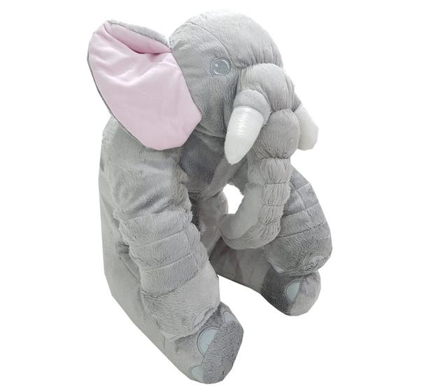 Imagem de Almofada Travesseiro Elefante News Dormir Para Bebê Menina Pelúcia Rosa com Cinza 64cm.