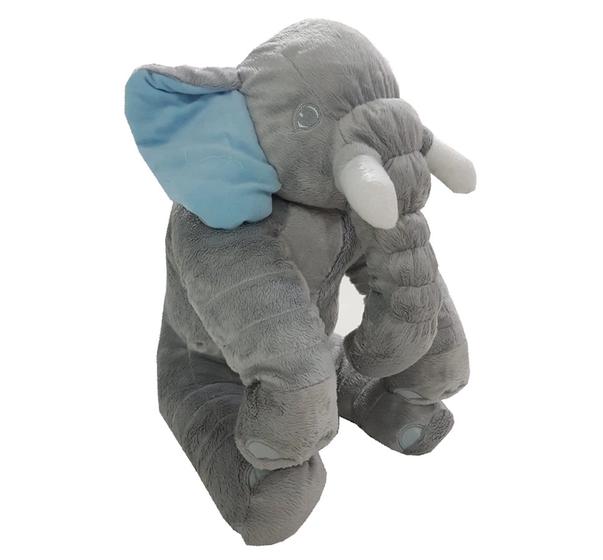 Imagem de Almofada Travesseiro Elefante News Dormir Para Bebê Menino Pelúcia Azul com Cinza 64cm.