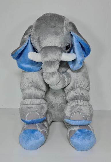 Imagem de Almofada Travesseiro Elefante Pelúcia Para Bebê Cinza Com Azul 70 Cm
