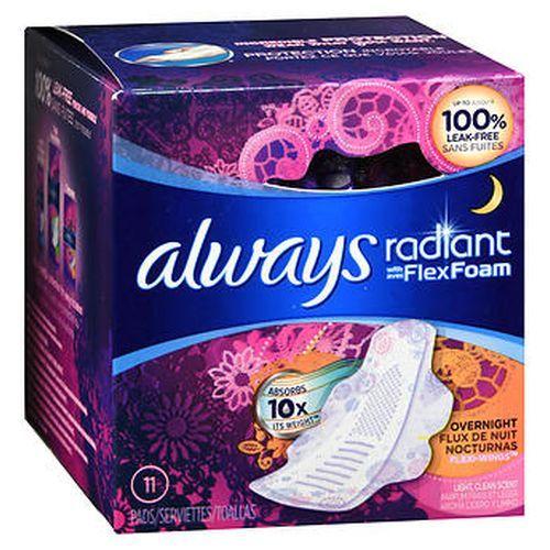 Imagem de Almofadas Always Radiant Overnight com Flexi-Wings - Fluxo Leve, 10 Unidades (Pacote com 2)