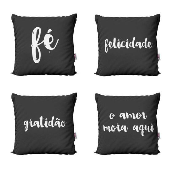 Imagem de Almofadas Decorativas Pretas Fé, Gratidão, Felicidade, Amor Para Sofá 40x40 - Novadecora