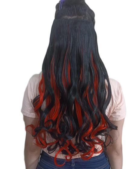 Imagem de Alongamento Aplique Tic Tac Ondulado Preto Com Vermelho 60Cm
