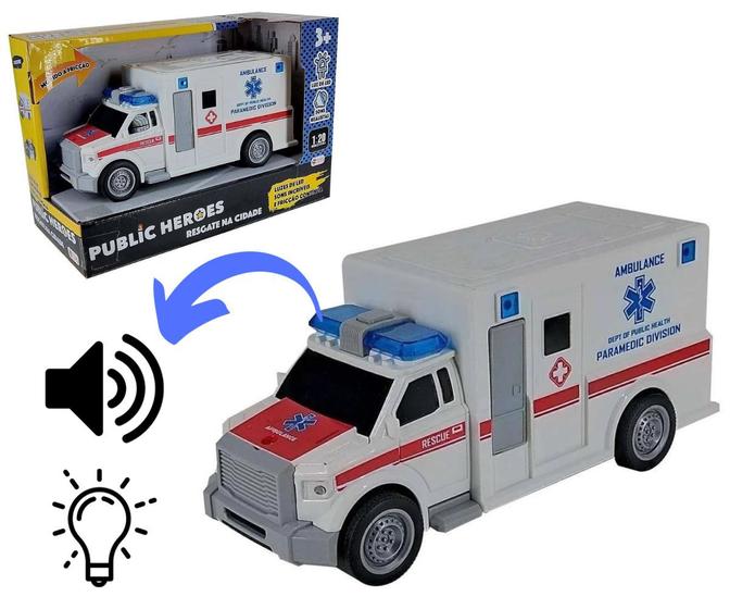 Imagem de Ambulância de Brinquedo Carro Resgate de Fricção 1:20 com Som e Luz de Led Infantil 3 anos+