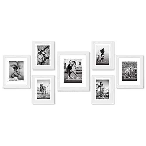 Imagem de Americanflat 7 Piece White Gallery Wall Picture Frame Set with Mats in 11x14, 8x10 e 5x7 - Madeira Composta com Vidro Resistente à Quebra - Formatos Horizontais e Verticais para Parede e Mesa