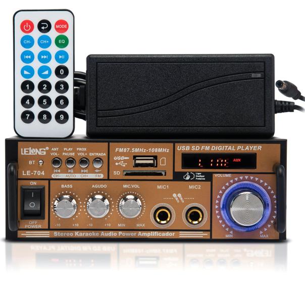 Imagem de Amplificador Áudio Bluetooth Receiver 200w Rms Com Rádio Fm Usb 2 Entradas Para 2 Microfones Karaokê
