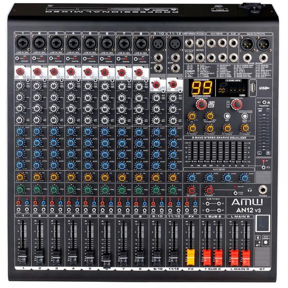 Imagem de AMW AN12 v3 Mesa de Som 12 Canais com 4 saídas Auxiliares DSP 99 EFX BT Interface