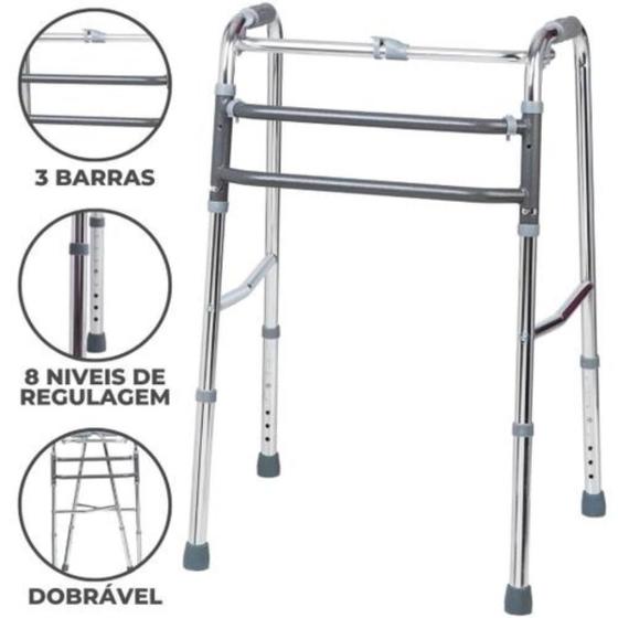 Imagem de Andador Idoso Adulto Articulado Fixo Dobrável em Alumínio 3 Barras Hidrolight