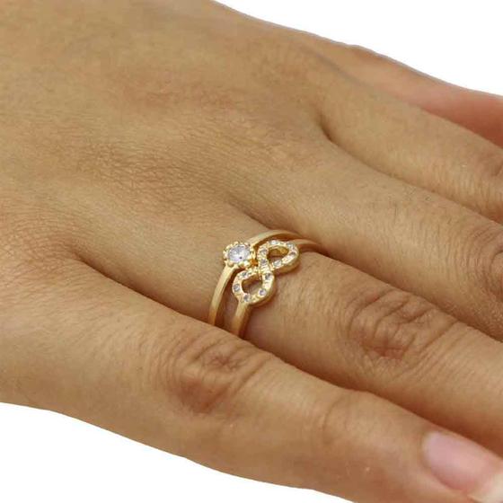 Imagem de Anel Aparador Aro Duplo Simbolo do Infinito com Zircônias Cravejadas Folheado em Ouro 18K