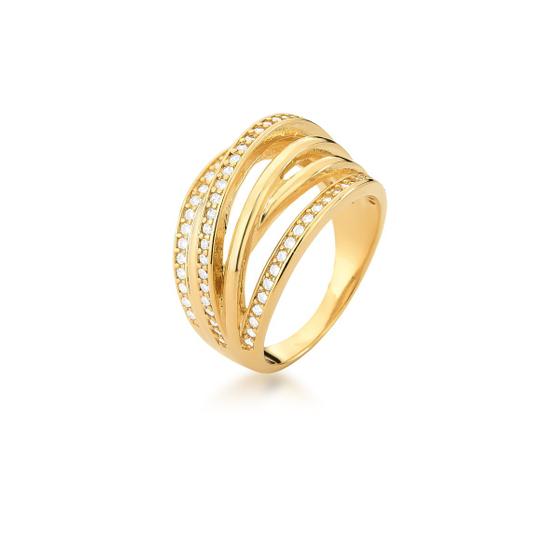Imagem de Anel Banhado a Ouro com Zirconia 3 Linhas Curvo Trançado