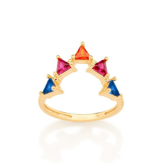 Imagem de Anel  banhado ouro 3x 24k 18k e 22k  feminino rommanel v zircônias triângulares coloridas 512923
