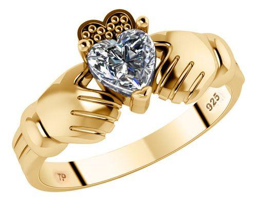 Imagem de Anel Claddagh Irlandes Prata 925 Dourada 18k - Zircônia