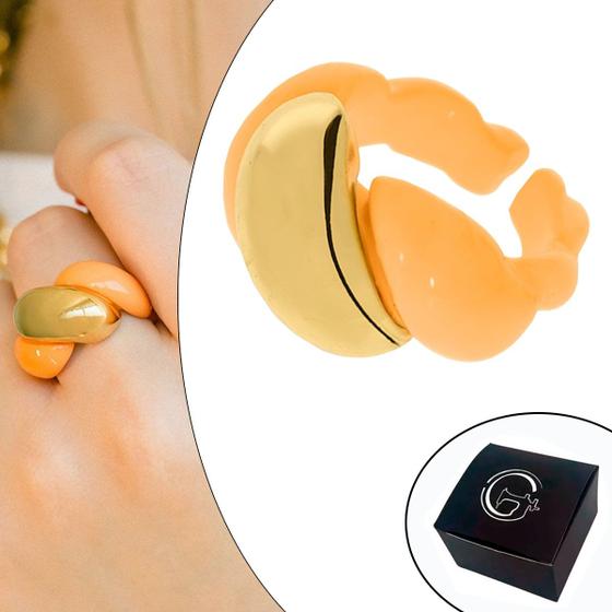 Imagem de Anel de Corda em Acrílico Laranja e Banhado a Ouro e com Abertura - Medida Interna 18mm (Aro 17)