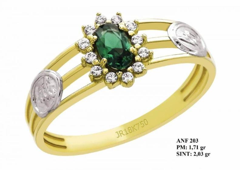 Imagem de Anel de Formatura Trio Flor Ouro Amarelo com Detalhes de Ouro Branco 18K Esmeralda e Brilhantes em Zircônia