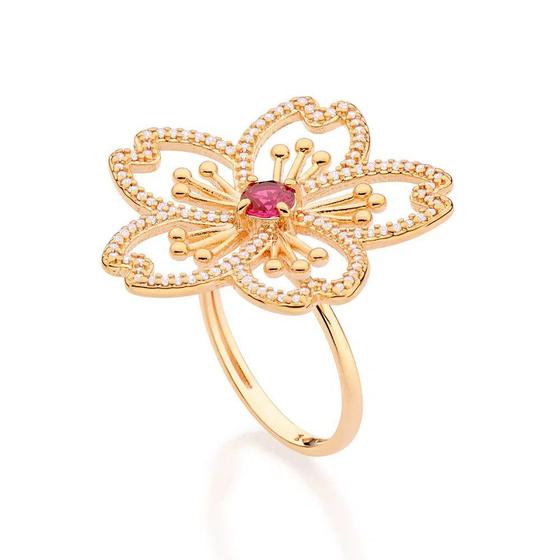 Imagem de Anel de ouro 18k feminino com pedra rommanel grande botão flor esferas, zircônias e cristal rosa 513388