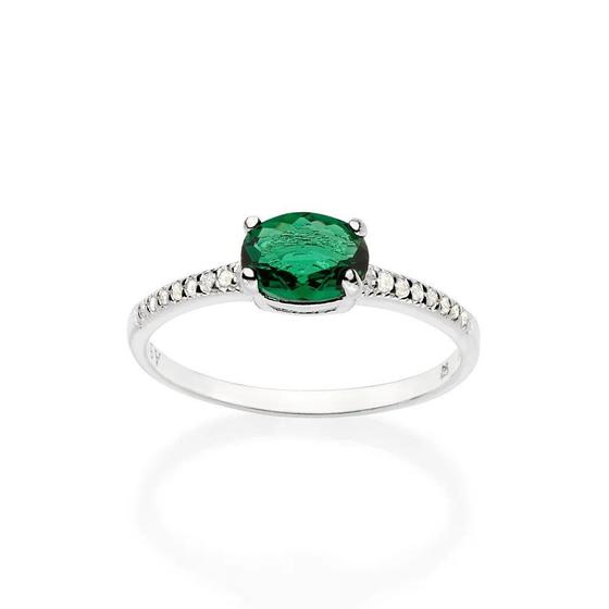 Imagem de Anel de prata 925 feminino solitário cravejado com pedra verde zircônia e cristal oval rommanel 810268